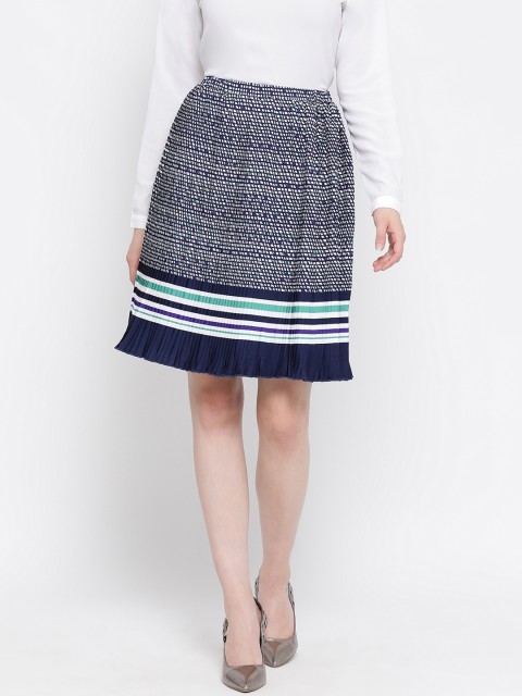 Oxolloxo Women Navy Blue & White Printed A-Line Knee-Length Skirt