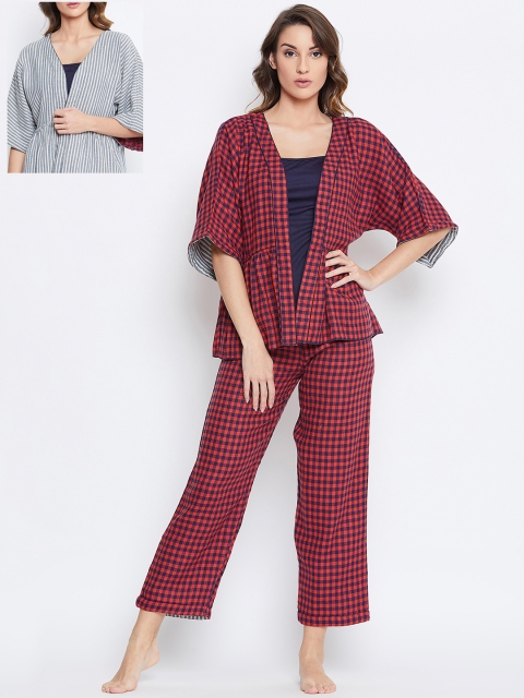 

The Kaftan Company Women Red & Grey Reversible Checked Night Suit