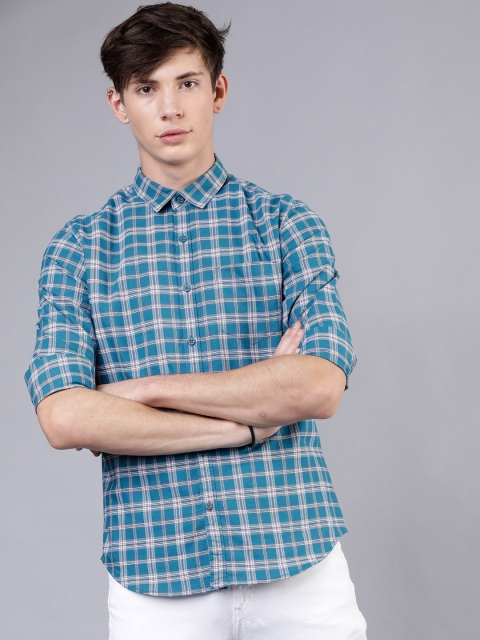 

HIGHLANDER Men Teal Blue & White Slim Fit Checked Casual Shirt