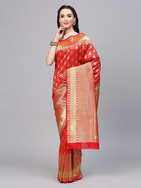

Mitera Red & Gold-Coloured Handloom Art Silk Woven Design Banarasi Saree