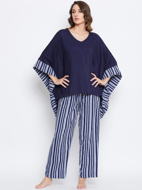 

The Kaftan Company Women Navy Blue & White Striped Night Suit
