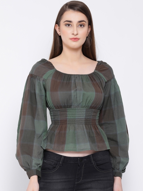 

Oxolloxo Women Green Checked Cinched Waist Top