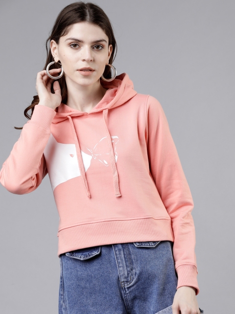 

Tokyo Talkies Women Pink & White Printed Hooded Sweatshirt