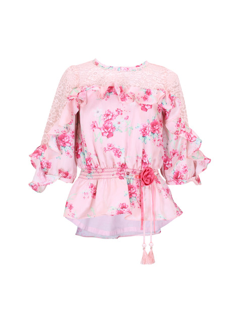 

CUTECUMBER Girls Peach-Coloured Printed Cinched Waist Top