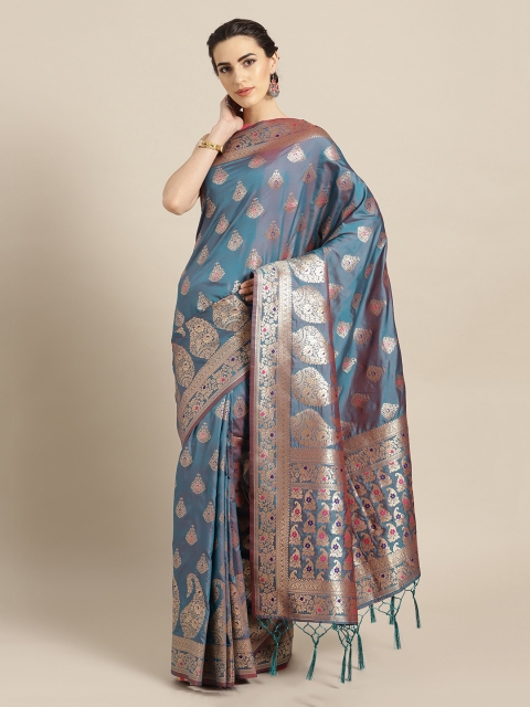 

Mitera Turquoise Blue & Pink Art Handloom Silk Woven Design Banarasi Saree