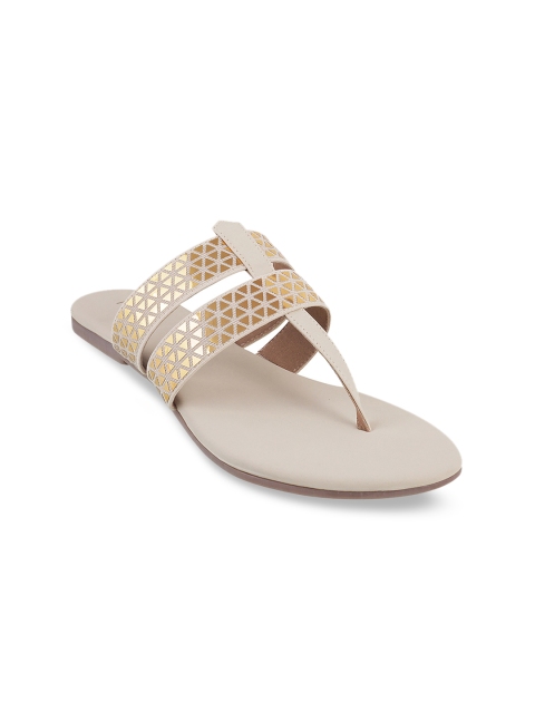 Metro Women Beige Printed Leather T-Strap Flats