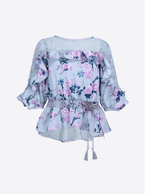 

CUTECUMBER Girls Blue Floral Print Cinched Waist Top