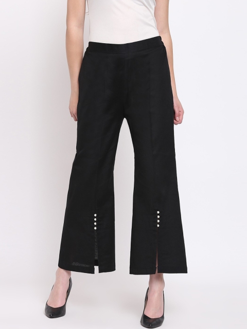 

RIVI Women Black Solid Linen Straight Palazzos