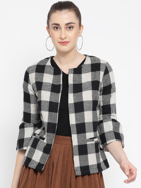 

Oxolloxo Women Black & Grey Checked Open Front Blazer