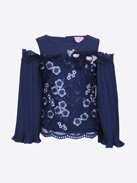 

CUTECUMBER Girls Navy Blue & White Floral Embroidered Top