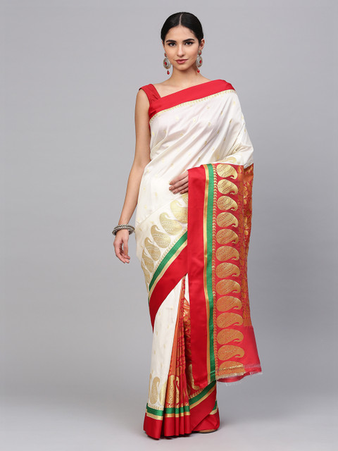 

Mitera White & Red Art Silk Woven Design Chanderi Saree