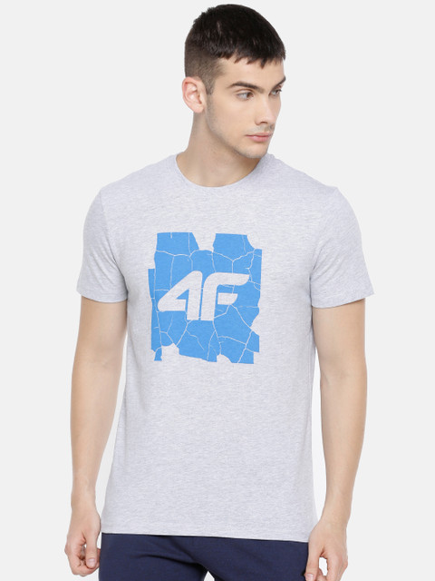 

4F Men Cold Light Grey Melange Blue Printed Round Neck Pure Cotton T-shirt