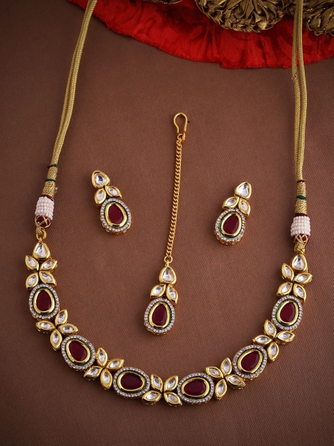 

Voylla Maroon Gold-Plated & Red Kundan Vilandi Jewellery Set