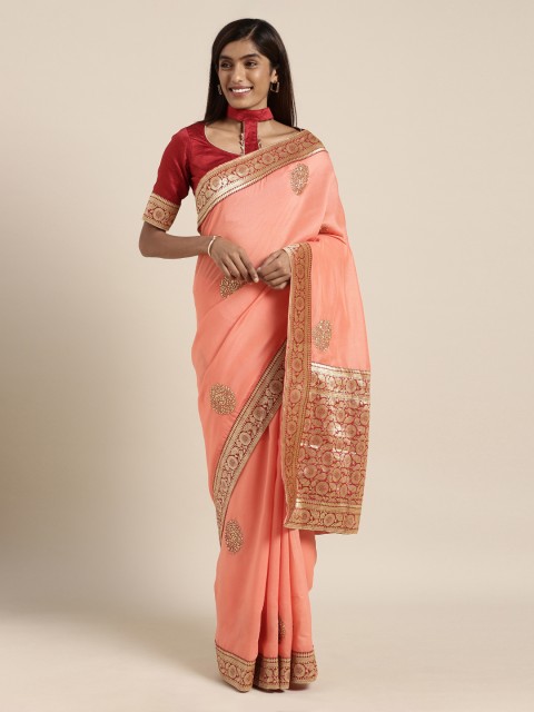 

Mitera Pink Embroidered Poly Silk Saree