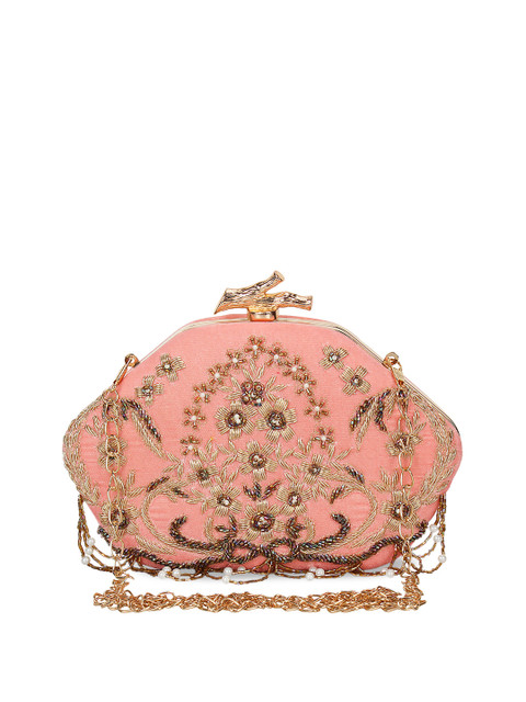 

Anekaant Peach-Coloured & Gold-Toned Embellished Velvet Clutch