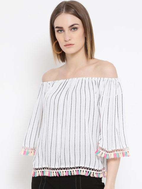 

Latin Quarters Women White & Black Striped Bardot Top