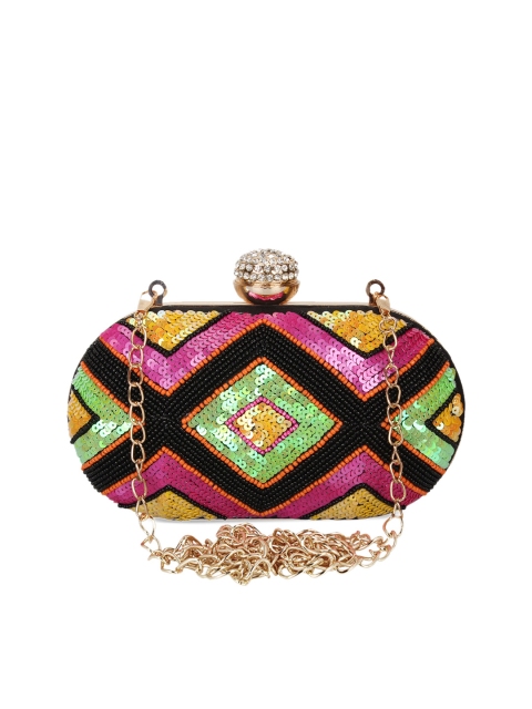 

Anekaant Black & Pink Embellished Faux Silk Clutch