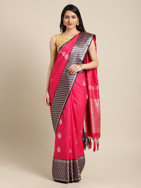 

Mitera Pink & Black Silk Blend Woven Design Kanjeevaram Saree