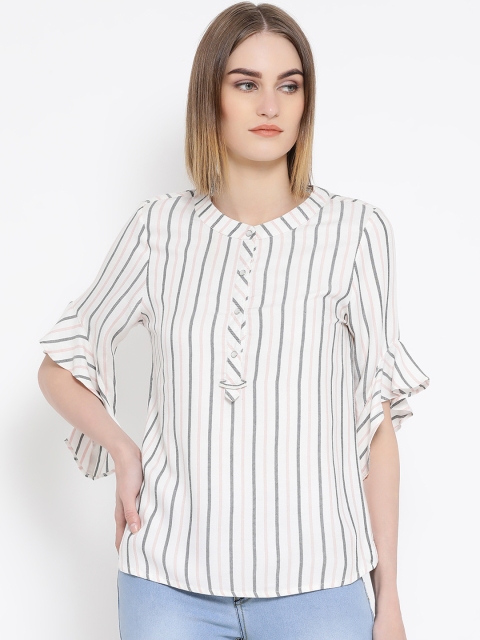 Latin Quarters Women Off-White & Grey Striped Shirt Style Top