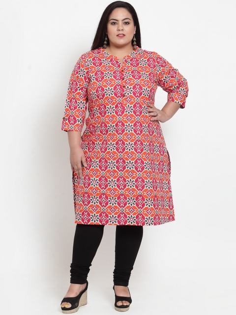 

plusS Women Pink & Orange Printed Straight Kurta