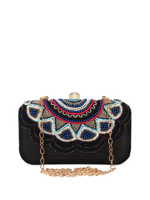 

Anekaant Black & Blue Embellished Faux Silk Clutch