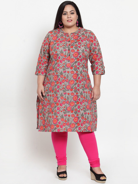 

plusS Women Grey & Pink Floral Print Straight Kurta