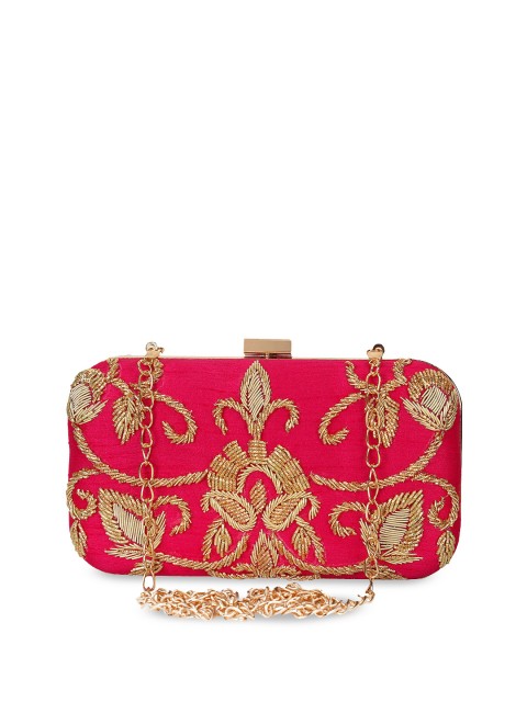 

Anekaant Pink & Gold-Toned Embellished Faux Silk Clutch