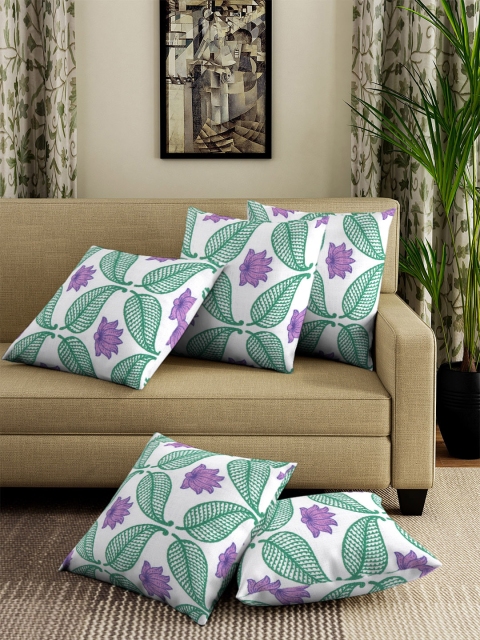 

NEUDIS White & Green Set of 5 Floral Square Cushion Covers