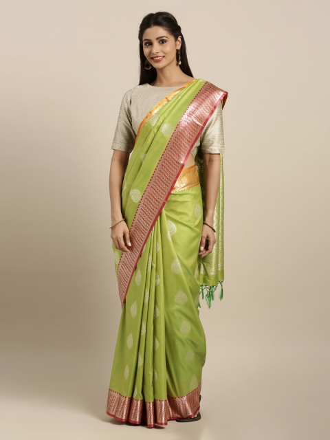 

Mitera Green & Orange Silk Blend Woven Design Kanjeevaram Saree