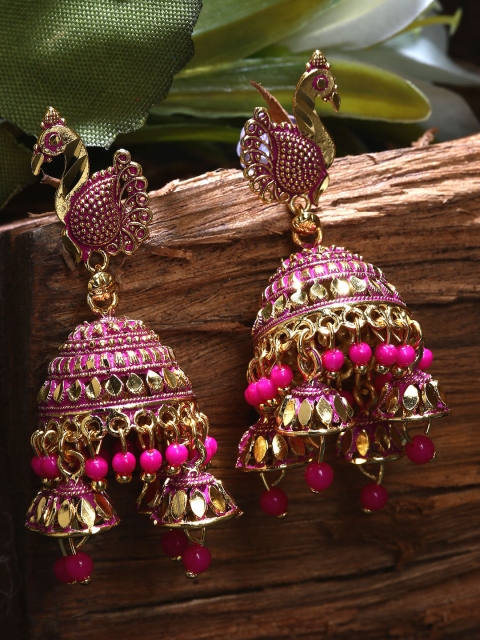 

ANIKAS CREATION Gold Plated & Pink Enamelled Dome Shaped Jhumkas