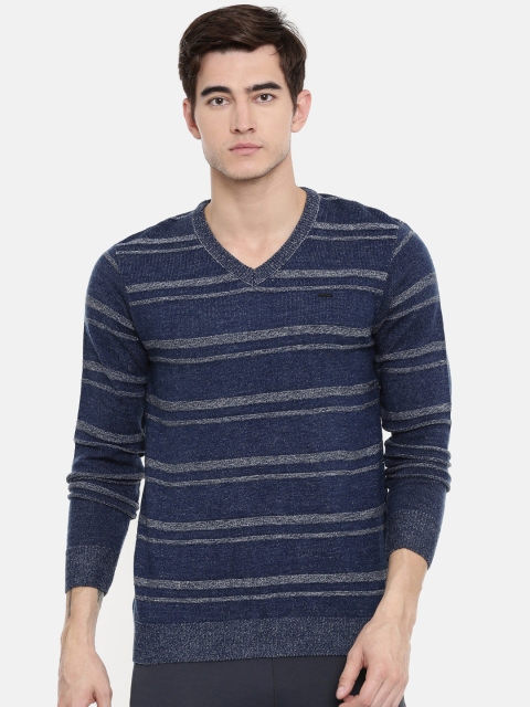 

Proline Men Navy Blue & Grey Striped Pullover Sweater