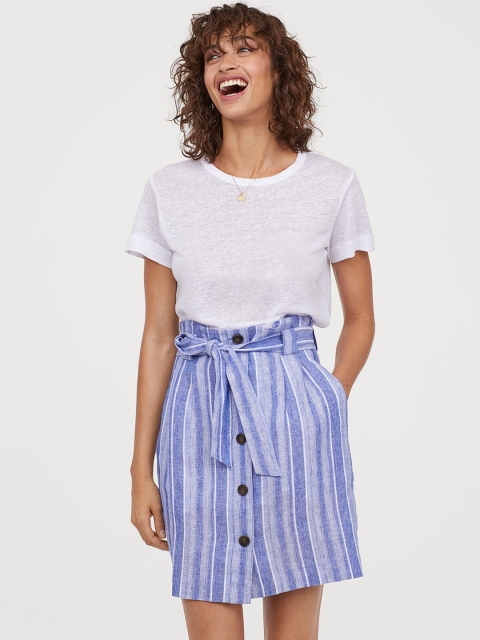 

H&M Women Blue Striped Linen-Blend Paper Bag Skirt