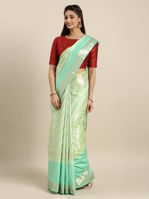 

Mitera Sea Green & Gold-Toned Silk Blend Striped Kanjeevaram Saree