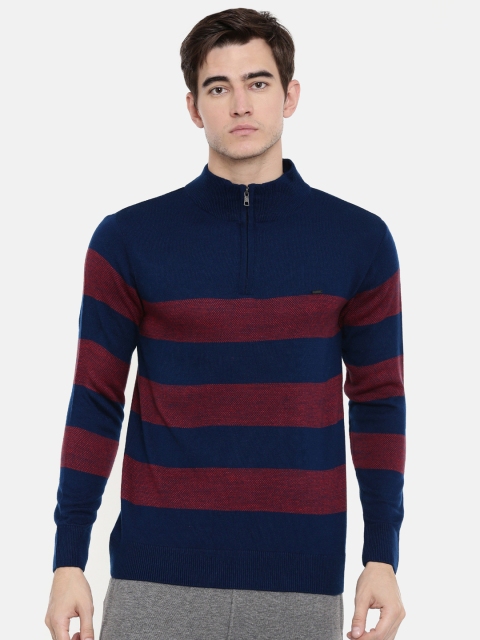 

Proline Men Navy Blue & Maroon Striped Sweater