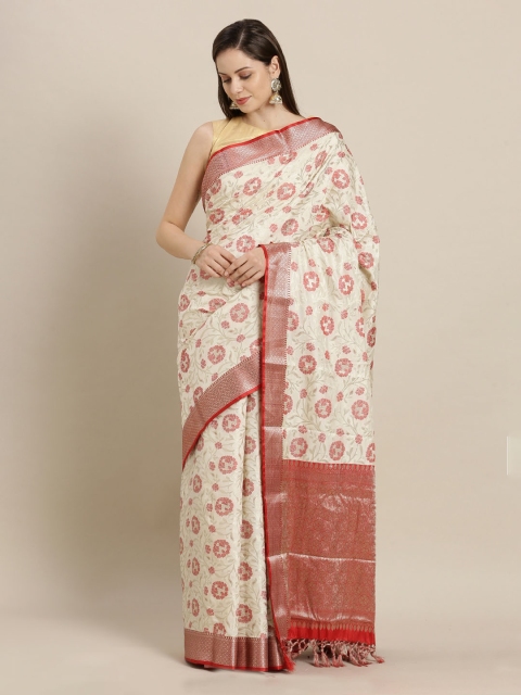 

Mitera Cream-Coloured & Red Silk Blend Woven Design Kanjeevaram Saree