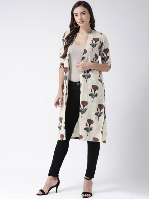 

pinwheel Women Off-White & Brown Printed Open Front Longline Shrug
