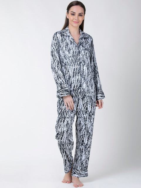 

ADORENITE Women White & Black Animal Printed Satin Night Suit