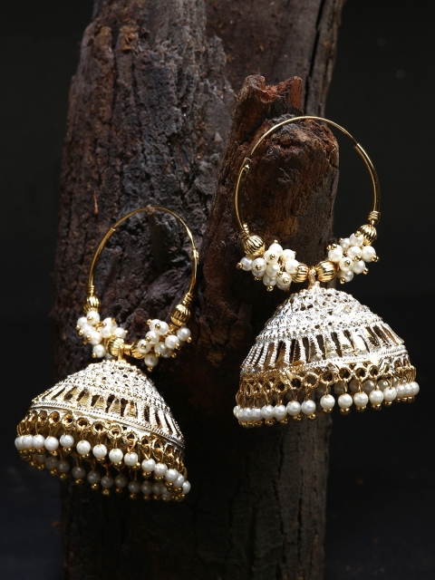 

ANIKAS CREATION White & Gold-Plated Enamelled Dome Shaped Jhumkas