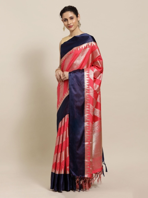 

Mitera Pink & Navy Blue Silk Blend Woven Design Kanjeevaram Saree