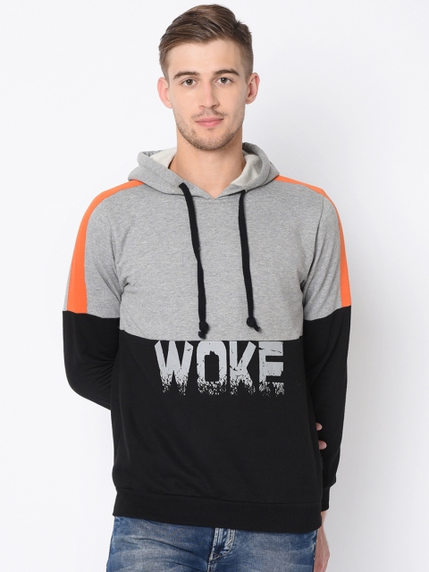 

Rigo Men Grey & Black Colourblocked Hooded Pullover Sweatshirt