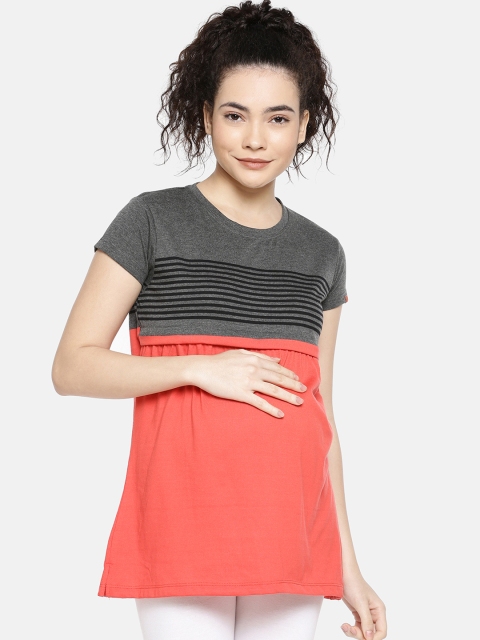 

GOLDSTROMS Women Charcoal Grey & Orange Colourblocked Maternity Top