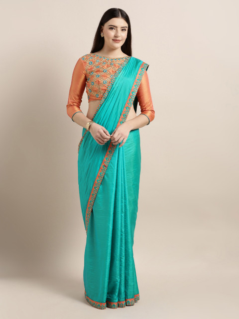 

Mitera Turquoise Blue Solid Poly Silk Saree