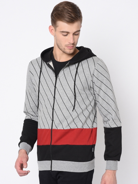 

Rigo Men Grey & Red Colourblocked Hooded Front-Open Sweatshirt