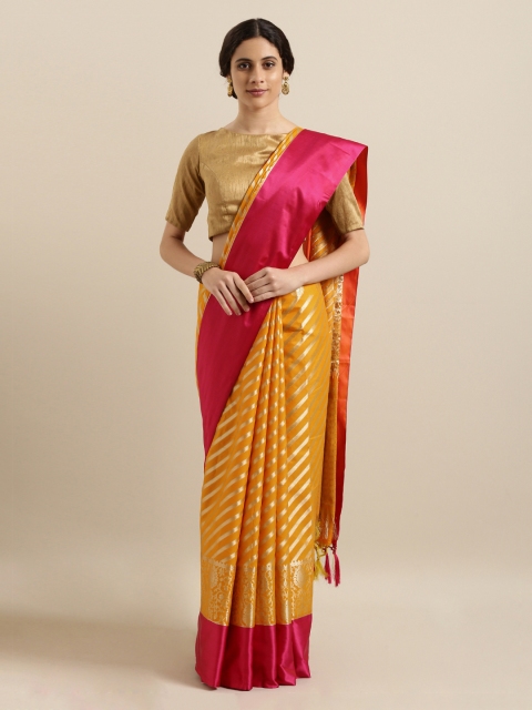 

Mitera Orange & Pink Silk Blend Striped Kanjeevaram Saree