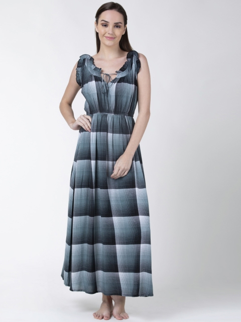 

ADORENITE Women Blue Tartan Checked Maxi Nightdress