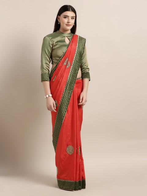

Mitera Red & Green Poly Silk Embroidered Saree