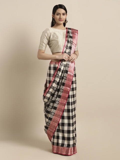 

Mitera Black & White Silk Blend Checked Kanjeevaram Saree
