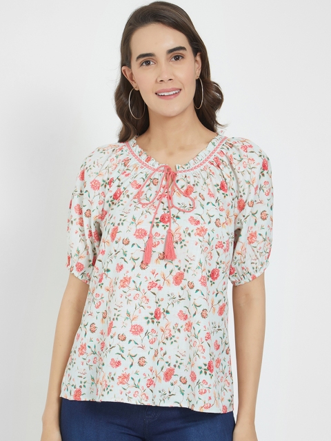 

Fusion Beats Women Green & Pink Printed Top