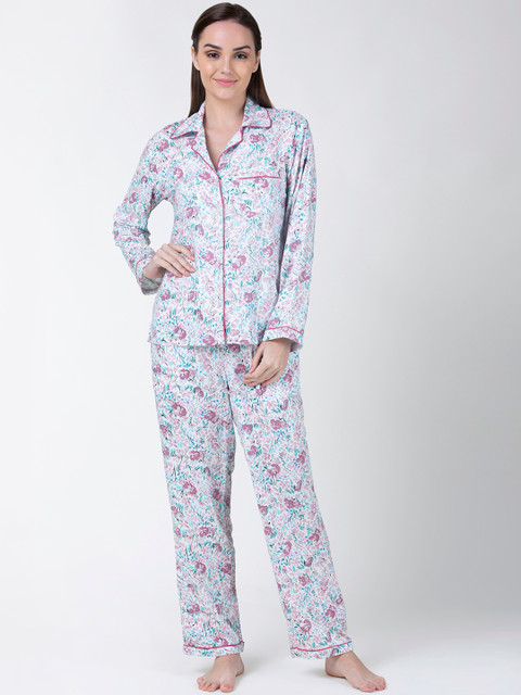

ADORENITE Women White & Purple Floral Printed Night Suit
