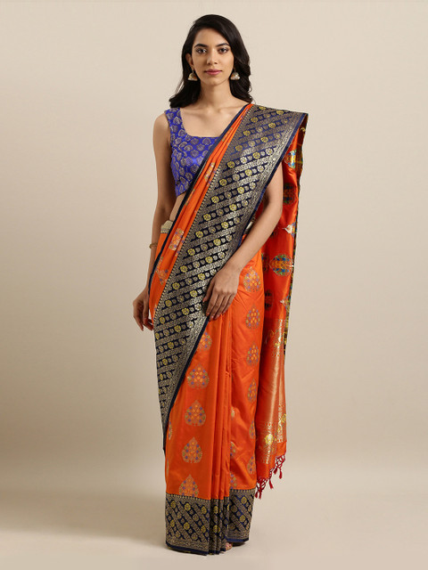 

Mitera Orange & Navy Blue Silk Blend Woven Design Kanjeevaram Saree